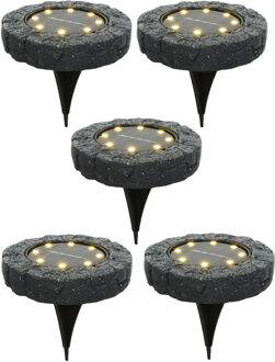 Lumineo Solar grond prikspot/tuinspot - 5x - LED - kunststeen - steengrijs - warm wit - 11 x 2 cm