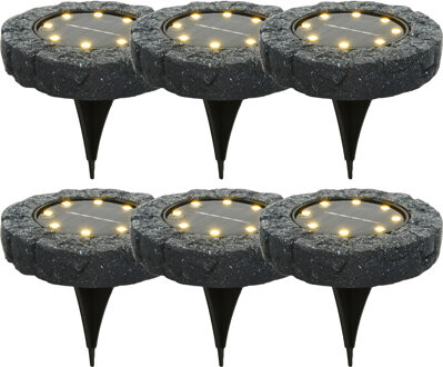 Lumineo Solar grond prikspot/tuinspot - 6x - LED - kunststeen - steengrijs - warm wit - 11 x 2 cm