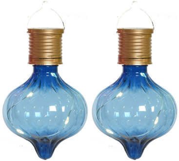 Lumineo Solar hanglamp bol/peertje - 2x - Marrakech - kobalt blauw - kunststof - D8 x H12 cm