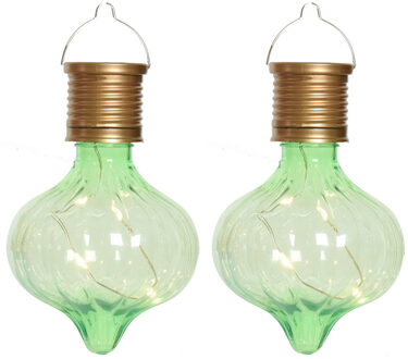 Lumineo Solar hanglamp bol/peertje - 2x - Marrakech - pistachegroen - kunststof - D8 x H12 cm