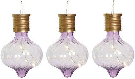 Lumineo Solar hanglamp bol/peertje - 3x - Marrakech - lila paars - kunststof - D8 x H12 cm