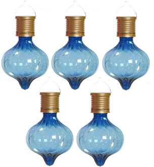 Lumineo Solar hanglamp bol/peertje - 5x - Marrakech - kobalt blauw - kunststof - D8 x H12 cm