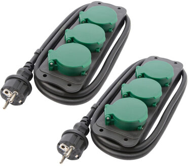 Lumineo Stekkerdoos - 2x - zwart/groen - 3-voudig - 1,5 meter snoer - 3680W - weerbestendig - waterproof