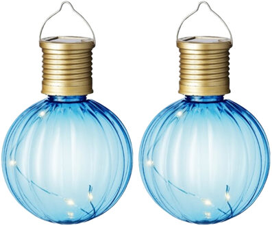 Lumineo tuin/buiten 4x stuks Led lampje/lampion solar verlichting blauw 11 x 8 cm