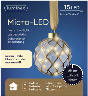 Lumineo Verlichte kerstbal - glas - aan lint - D10 cm - goud - 15 led lampjes - warm wit