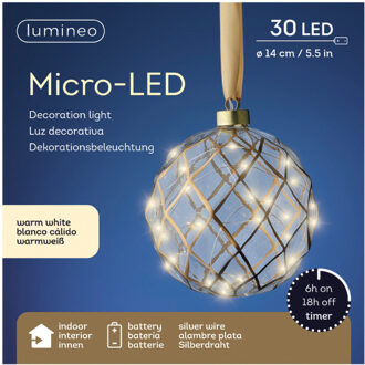 Lumineo Verlichte kerstbal - glas - aan lint - D14 cm - goud - 30 led lampjes - warm wit Goudkleurig