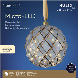 Lumineo Verlichte kerstbal - glas - aan lint - D20 cm - goud - 40 led lampjes - warm wit