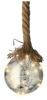 Lumineo Verlichte kerstbal - glas - aan touw - D14 cm - zilver - 30 led lampjes - warm wit
