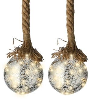 Lumineo Verlichte kerstballen - 2x - glas - aan touw - D10 cm - zilver - 15 led lampjes - warm wit