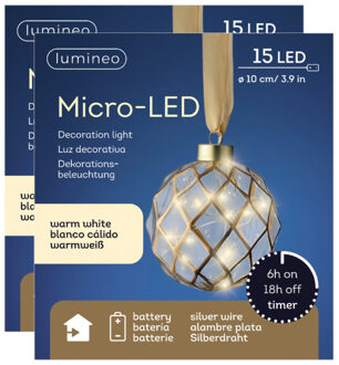 Lumineo Verlichte kerstballen - 2x st - glas - aan lint - D10 cm - goud - 15 led lampjes - warm wit