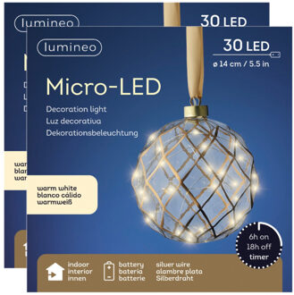 Lumineo Verlichte kerstballen - 2x st - glas - aan lint - D14 cm - goud - 30 led lampjes - warm wit