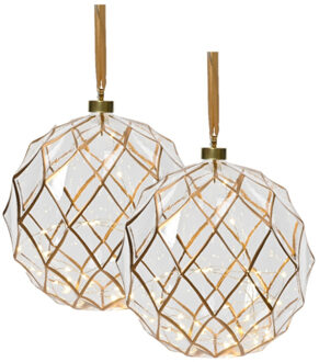 Lumineo Verlichte kerstballen - 2x st- glas - aan lint - D20 cm - goud - 40 led lampjes - warm wit