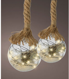 Lumineo Verlichte kerstballen - D10 en D20 cm - glas - aan touw - warm wit - kerstverlichting figuur Transparant