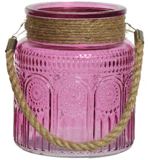 Lumineo Windlicht/lantaarn met relief - glas - D14 x H16 cm - fuchsia roze - Windlichten