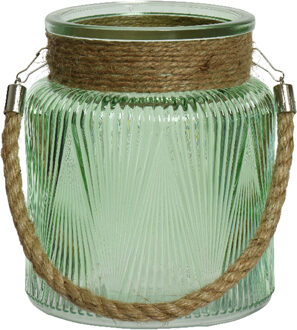 Lumineo Windlicht/lantaarn met relief - glas - D14 x H16 cm - groen - Windlichten