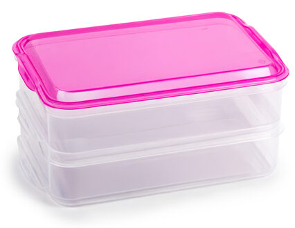 Lunch en Vleeswaren bewaarbakjes - transparant/roze - 24 x 16 x 11 cm - 2 lagen - vershouddoos