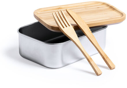 Lunchbox/broodtrommel met bestek - bamboe/rvs - 16 x 11 x 5.6 cm - Broodtrommels Bruin