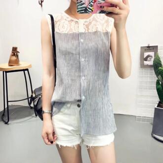 LUNDUNSHIJIA Blusas Feminine Zomer Streep Patchwork Kant Shirt vrouwen Mouwloze Blouse Vrouwen Tops Vrouwelijke Kleding