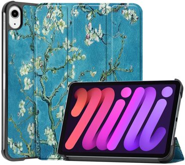Lunso 3-Vouw sleepcover hoes - iPad Mini 6 (2021) - Van Gogh Amandelbloesem Blauw, Wit, Groen