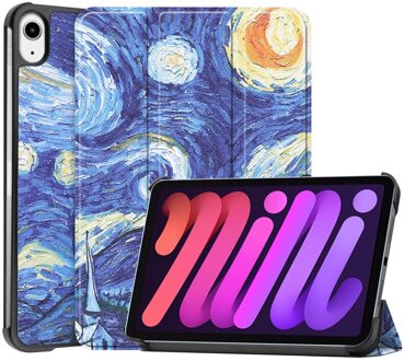 Lunso 3-Vouw sleepcover hoes - iPad Mini 6 (2021) - Van Gogh Sterrennacht Blauw, Wit, Groen
