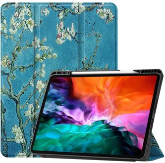 Lunso 3-Vouw sleepcover hoes - iPad Pro 12.9 inch (2021) - Van Gogh Amandelbloesem Blauw, Wit, Groen