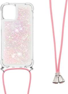 Lunso Backcover hoes met koord - iPhone 13 - Glitter Rose Zilver Roze, Zilver