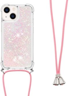 Lunso Backcover hoes met koord - iPhone 14 - Glitter Rose Zilver Roze, Zilver