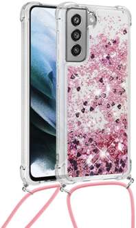 Lunso Backcover hoes met koord - Samsung Galaxy S21 FE - Glitter Rose Goud