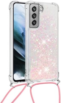 Lunso Backcover hoes met koord - Samsung Galaxy S21 FE - Glitter Rose Zilver Roze, Zilver