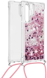 Lunso Backcover hoes met koord - Samsung Galaxy S22 Ultra - Glitter Rose Goud