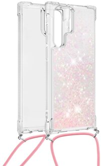 Lunso Backcover hoes met koord - Samsung Galaxy S22 Ultra - Glitter Rose Zilver Roze