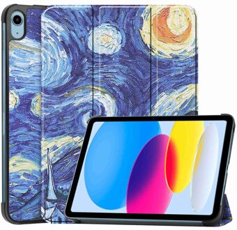 Lunso iPad 10 (2022) - Tri-Fold Bookcase hoes - Van Gogh Sterrennacht Blauw, Geel