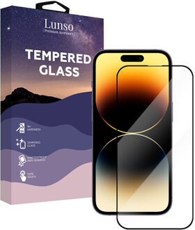 Lunso iPhone 14 Pro - Gehard Beschermglas - Full Cover Screenprotector - Black Edge Wit
