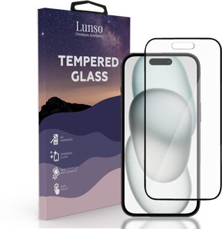 Lunso iPhone 15 - Gehard Beschermglas - Full Cover Screen protector - Black Edge Wit