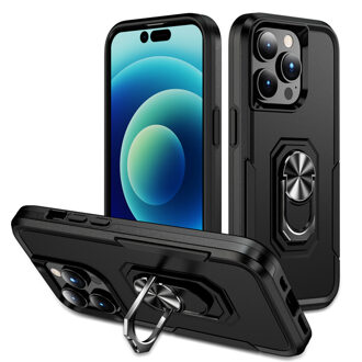 Lunso iPhone 15 Pro - Armor backcover hoes met ringhouder - Zwart