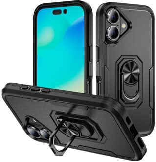 Lunso iPhone 16 Plus hoesje - Armor backcover met ringhouder - Zwart