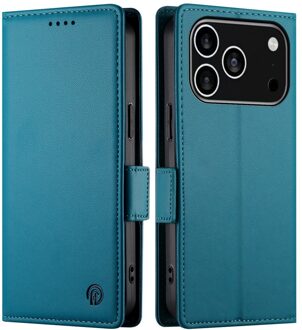 Lunso iPhone 17 Pro hoesje - PU leren Bookcase met ruimte voor pasjes - Blauw