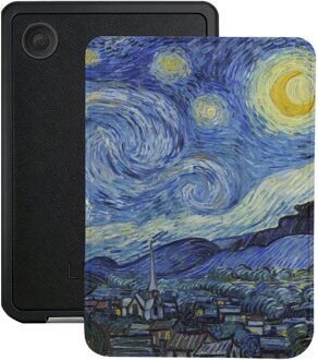 Lunso Kobo Clara BW / Clara Colour hoesje (6 inch) - Vegan Saffiano Leren Sleep Cover - Van Gogh Sterrennacht Blauw, Geel