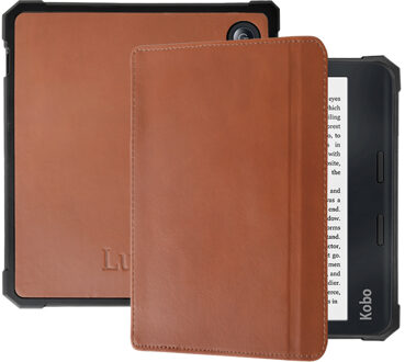 Lunso Kobo Libra 2 hoes (7 inch) - Lederen sleep cover - Cognac Bruin