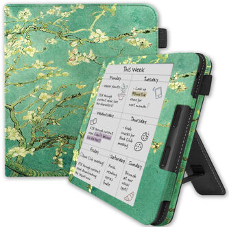 Lunso Kobo Libra Colour hoes (7 inch) - Luxe Stand sleepcover - Van Gogh Amandelbloesem Wit, Groen, Bruin, Meerdere kleuren
