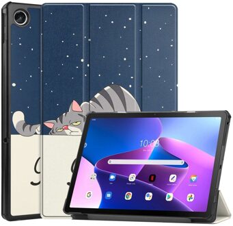 Lunso Lenovo Tab M10 Plus Gen 3 (3e generatie) - Tri-Fold Bookcase hoes - Lazy Cat Blauw, Wit