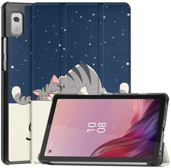 Lunso Lenovo Tab M9 (9 inch) - Tri-Fold Bookcase hoes - Lazy Cat Blauw, Wit