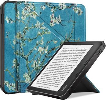 Lunso Origami sleepcover hoes - Kobo Libra 2 (7 inch) - Van Gogh Amandelbloesem Blauw, Wit, Groen, Meerdere kleuren