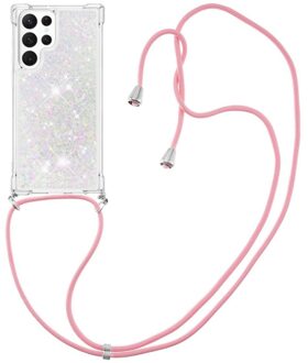 Lunso Samsung Galaxy S23 Ultra - Telefoonhoes met koord - Glitter Zilver/Roze