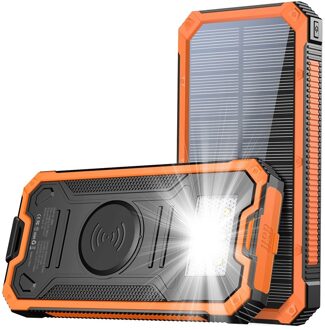 Lunso Waterproof Solar Powerbank 10.000 mAh met Zaklamp - Outdoor/Noodpowerbank - Zwart/Oranje Zwart, Oranje
