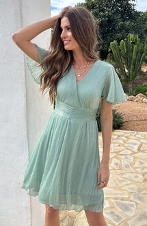Lurex Waistband Dress Short Sleeve Mint Mintgroen