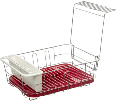 Luxe afdruiprek/afwasrek rood met lekbak en extra wijnglazen houder 44 x 36 cm van metaal