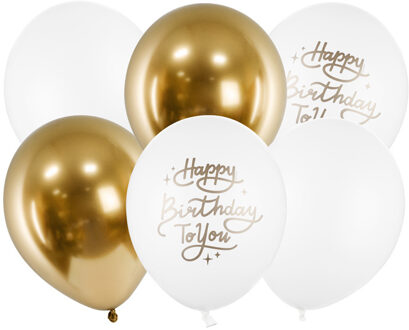 Luxe ballonnenset 6 ballonnen 30cm "Happy Birthday" chrome goud en wit