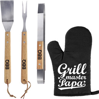 Luxe barbecue gereedschap set met houten handgrepen 3-delig RVS met BBQ handschoen Grillmaster papa