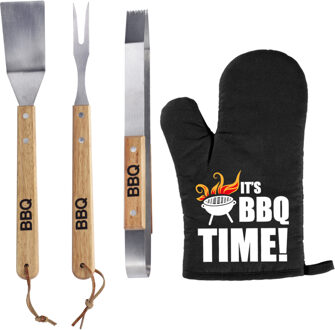 Luxe Barbecue Gereedschap Set Met Houten Handgrepen 3-delig Rvs Met Bbq Handschoen It's Bbq Time! - Barbecuegereedschaps